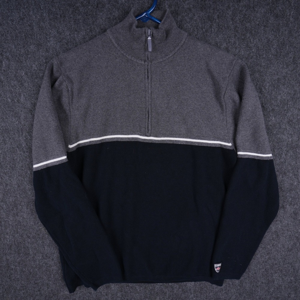 Eddie Bauer Quarter Zip Sweater Mens M Grey Navy Colorblock Cotton Excellent